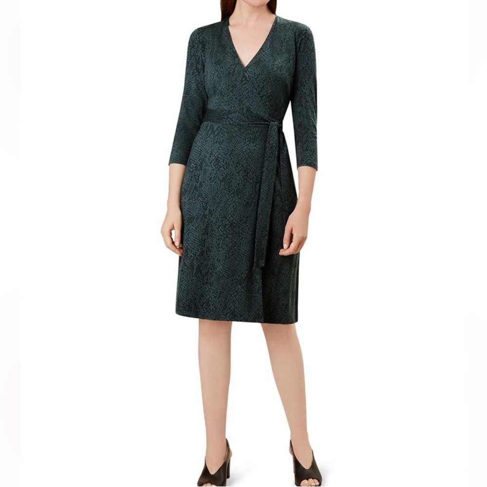 Hobbs London Delilah Snake Wrap Dress Mini Green Black 3/4 Sleeve 10 Animal